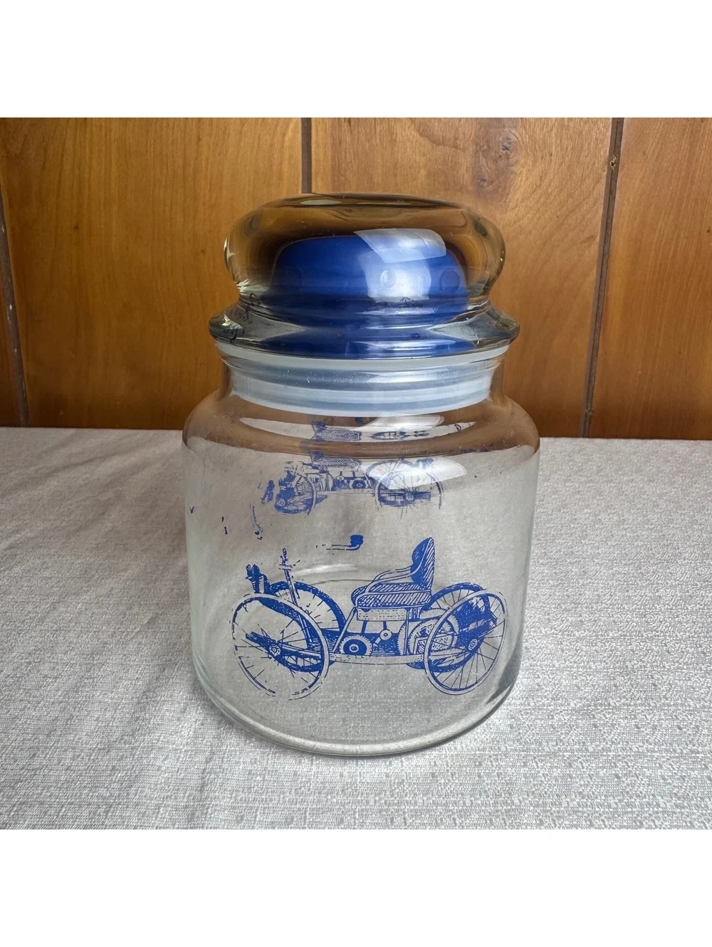Vintage Ford’s 1st Automobile Glass Apothecary Jar Cobalt Blue Bubble Lid
